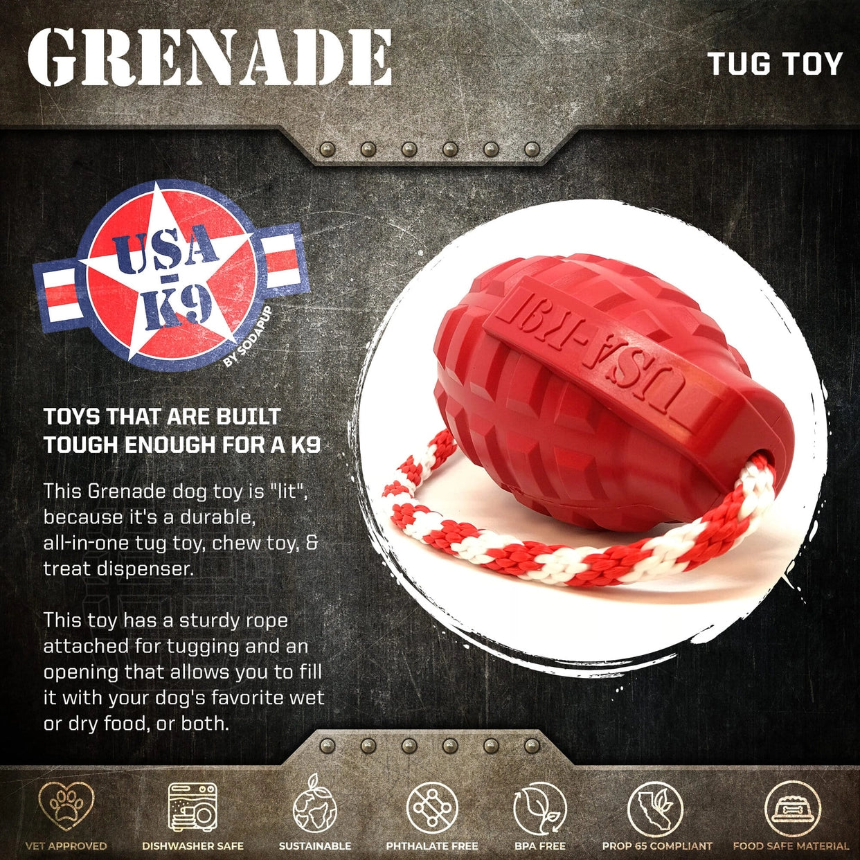 USA-K9 Grenade Durable Rubber Reward Toy - Sierra Canine Supply