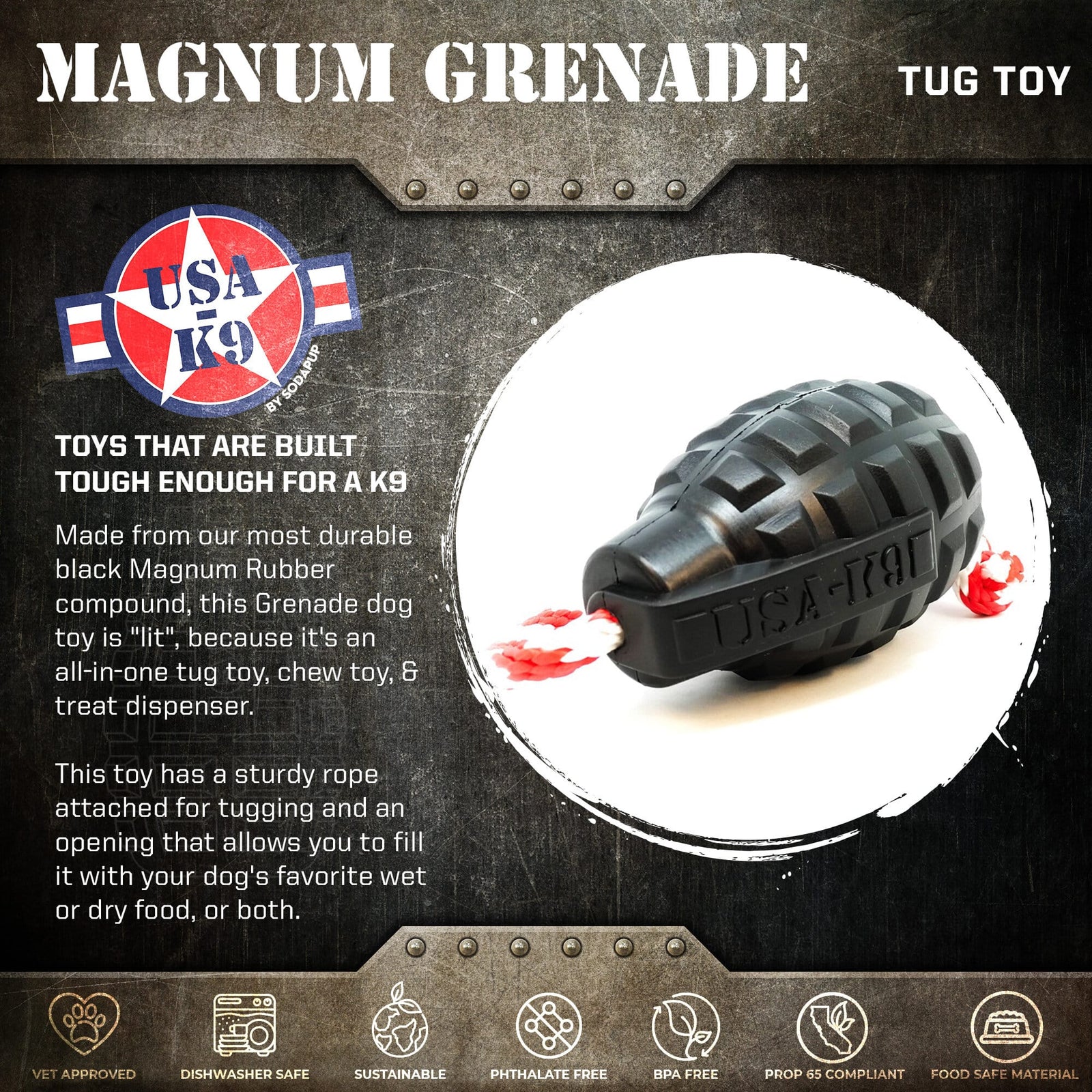 USA-K9 Magnum Grenade Durable Rubber Reward Toy - Sierra Canine Supply