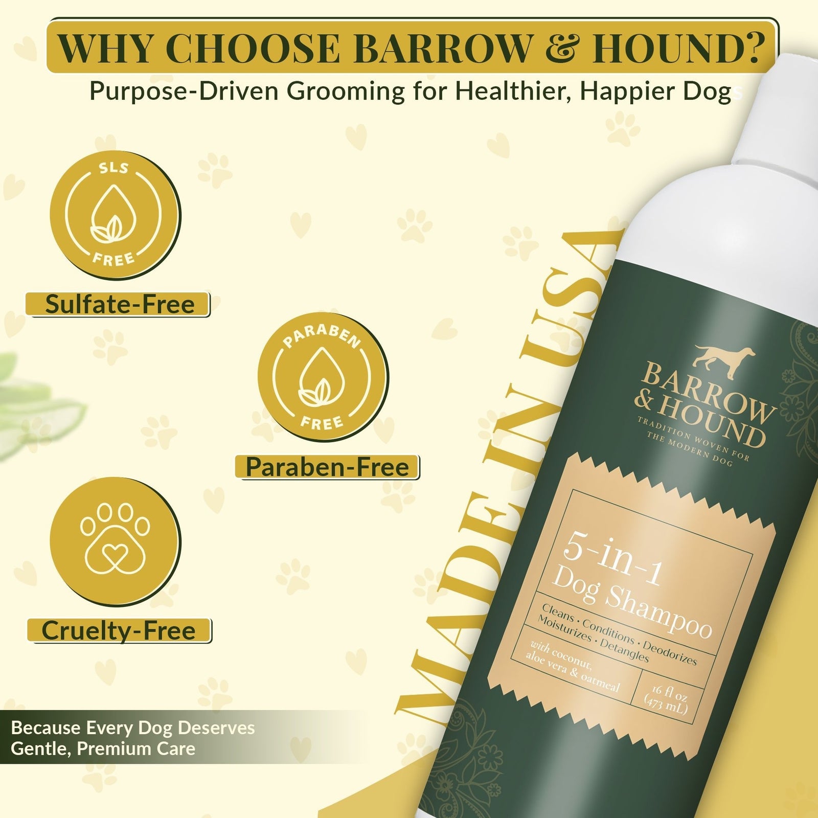Barrow & Hound 5-in-1 Dog Shampoo – Cleans, Conditions, Deodorizes, Moisturizes & Detangles – Coconut, Oatmeal & Aloe for Sensitive Skin, 16 fl oz