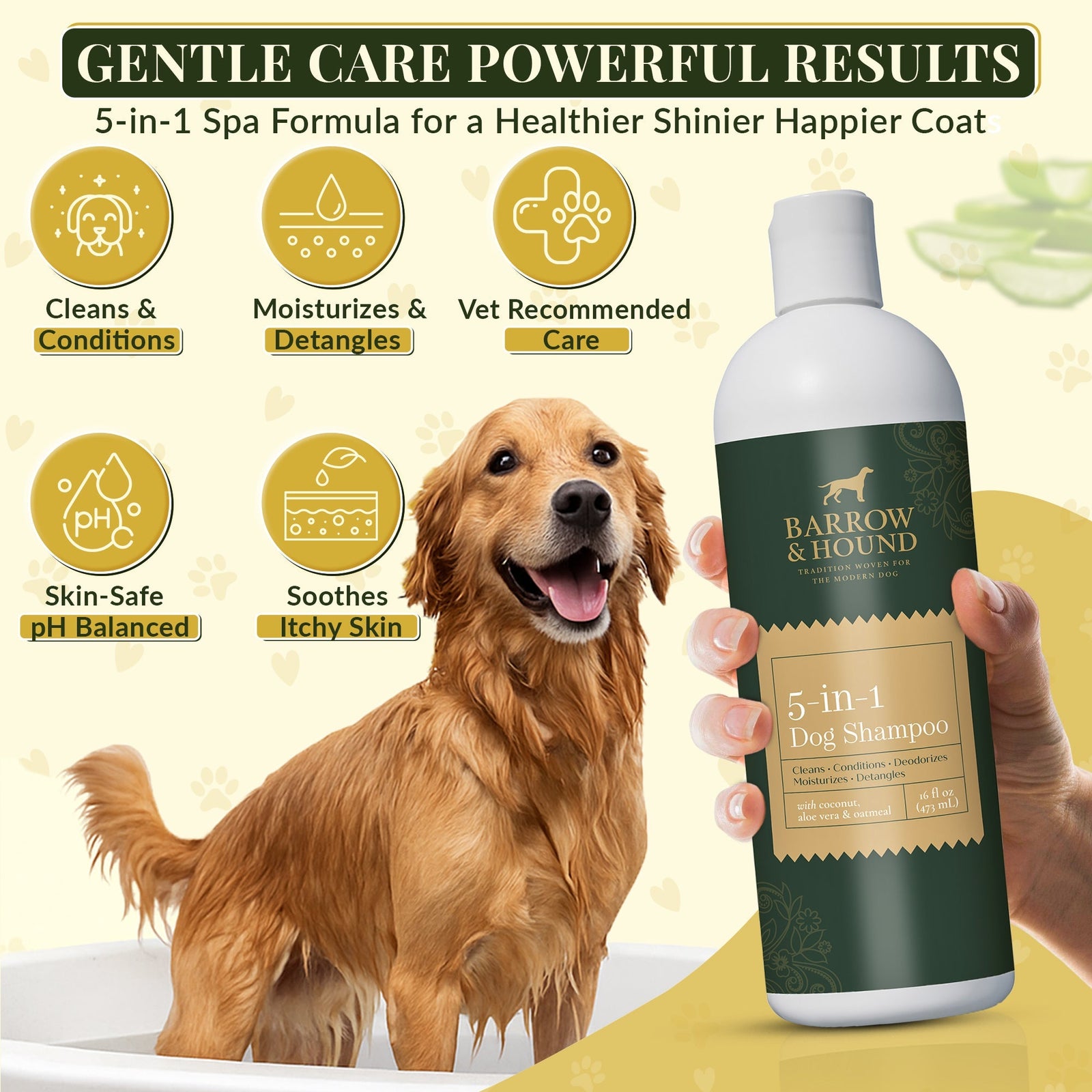 Barrow & Hound 5-in-1 Dog Shampoo – Cleans, Conditions, Deodorizes, Moisturizes & Detangles – Coconut, Oatmeal & Aloe for Sensitive Skin, 16 fl oz